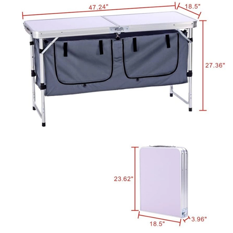 Outdoor Folding Table Aluminum Lightweight Height Adjustable with Storage Organizer for BBQ Party Camping