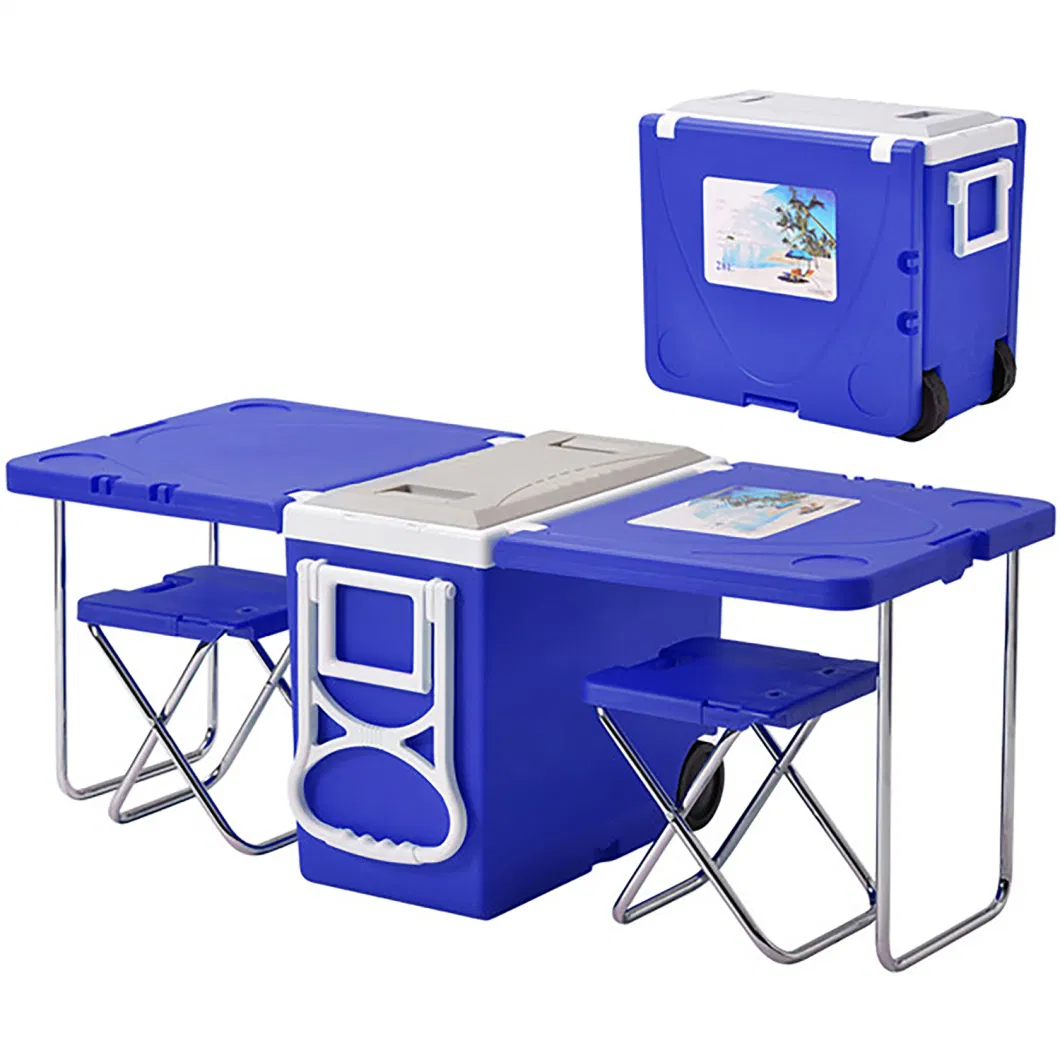 High Quality Outdoor Folding New Design Table Portable Camping Travel Cooler Box with Wheels Plastic Cooler Box with Table