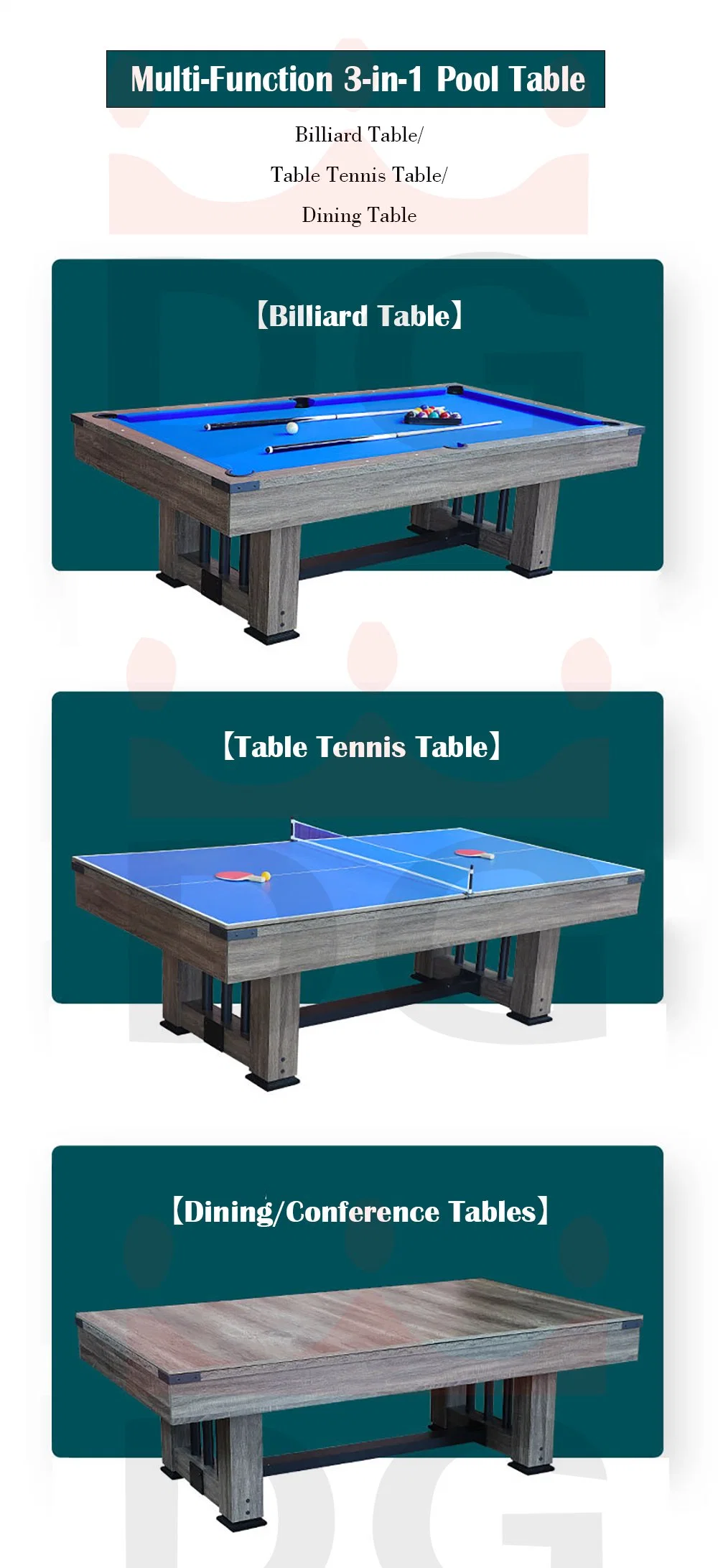 Home 96&prime; Foldable Pool Table 3-in-1 Multifunctional Combination Game Table (Pool Table, Table Tennis, Dining/Conference Table)