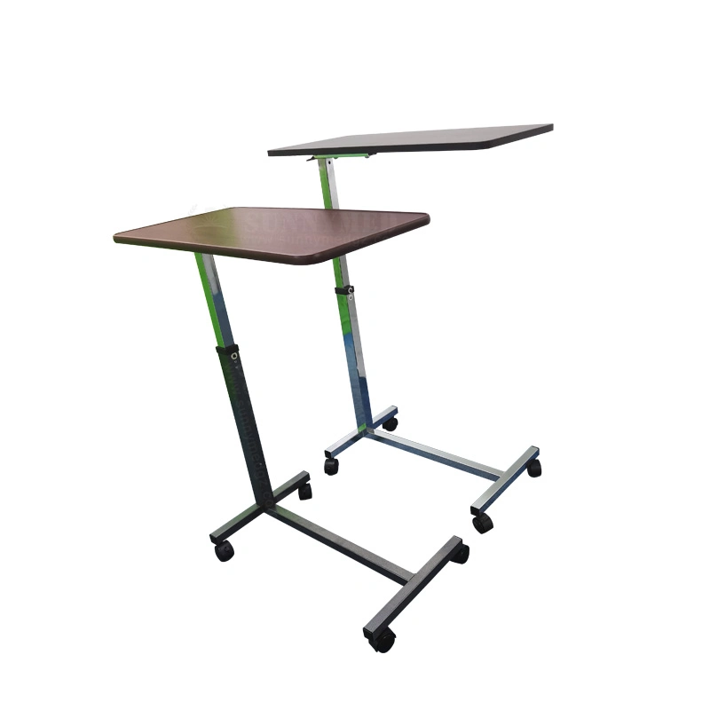 Sy-R083 Adjustable Hospital Dinner Table Medical Gas-Spring Folding Overbed Table with Wheels