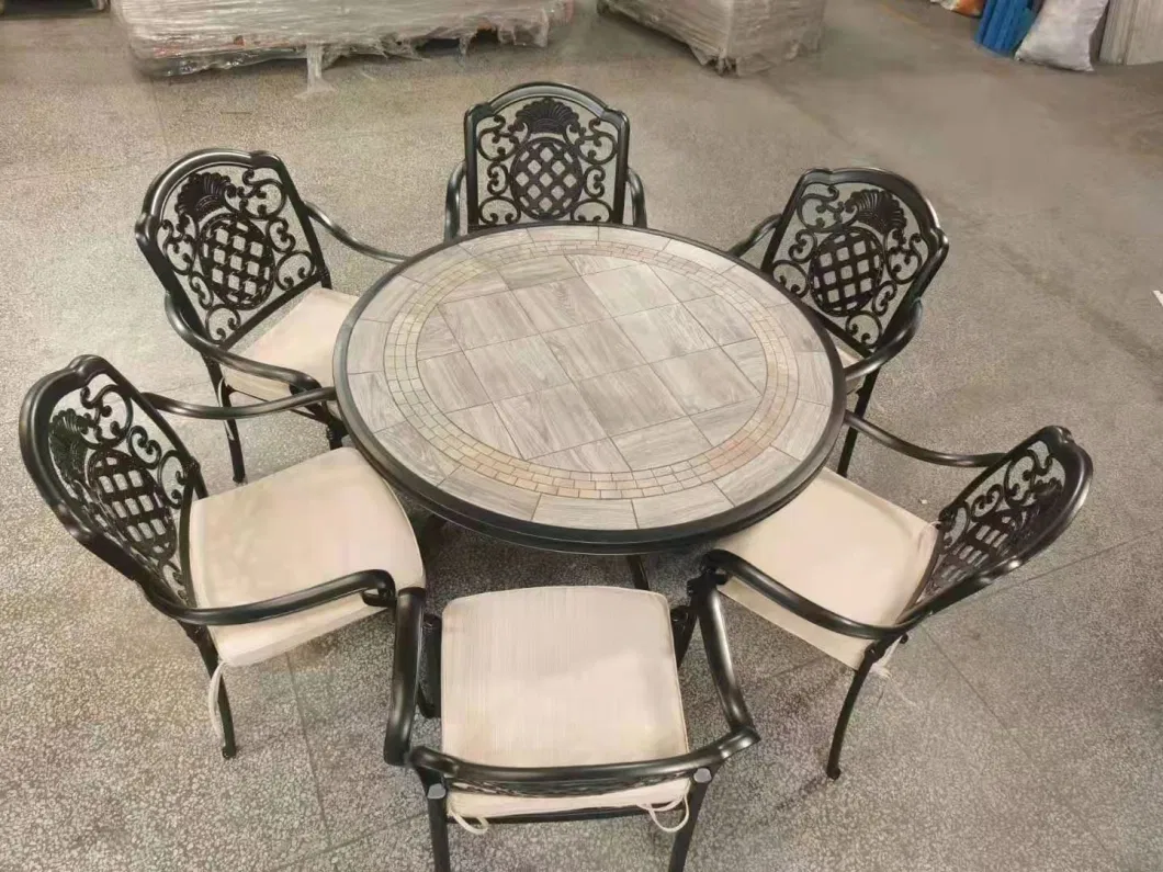 Dali 48&quot; Round Patio Dining Table Set, Cast Aluminum Round Outdoor Table with Umbrella Hole for Outdoor Garden