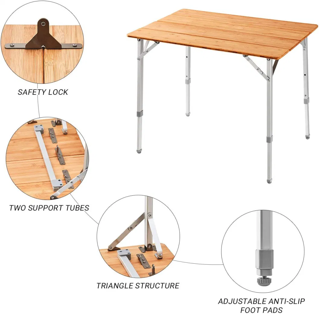 Bamboo Folding Camping Table Height Adjustable Lightweight Outdoor Folding Table Portable Foldable Camp Table with Carry Bag