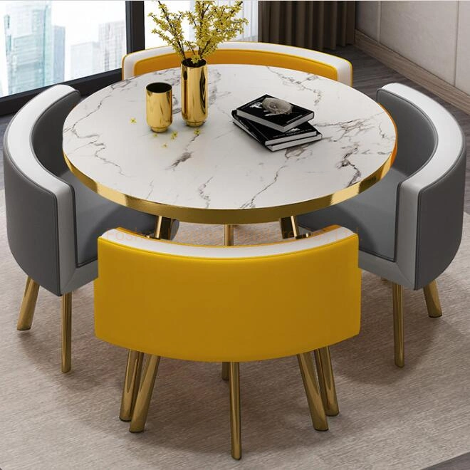 China Factory Indoor Conservatories Space Saving Metal Pedestal Home Small Apartment Light Simple Folding Reception Round Dining Chair Table Combination