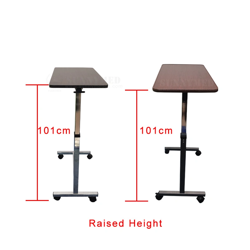 Sy-R083 Adjustable Hospital Dinner Table Medical Gas-Spring Folding Overbed Table with Wheels