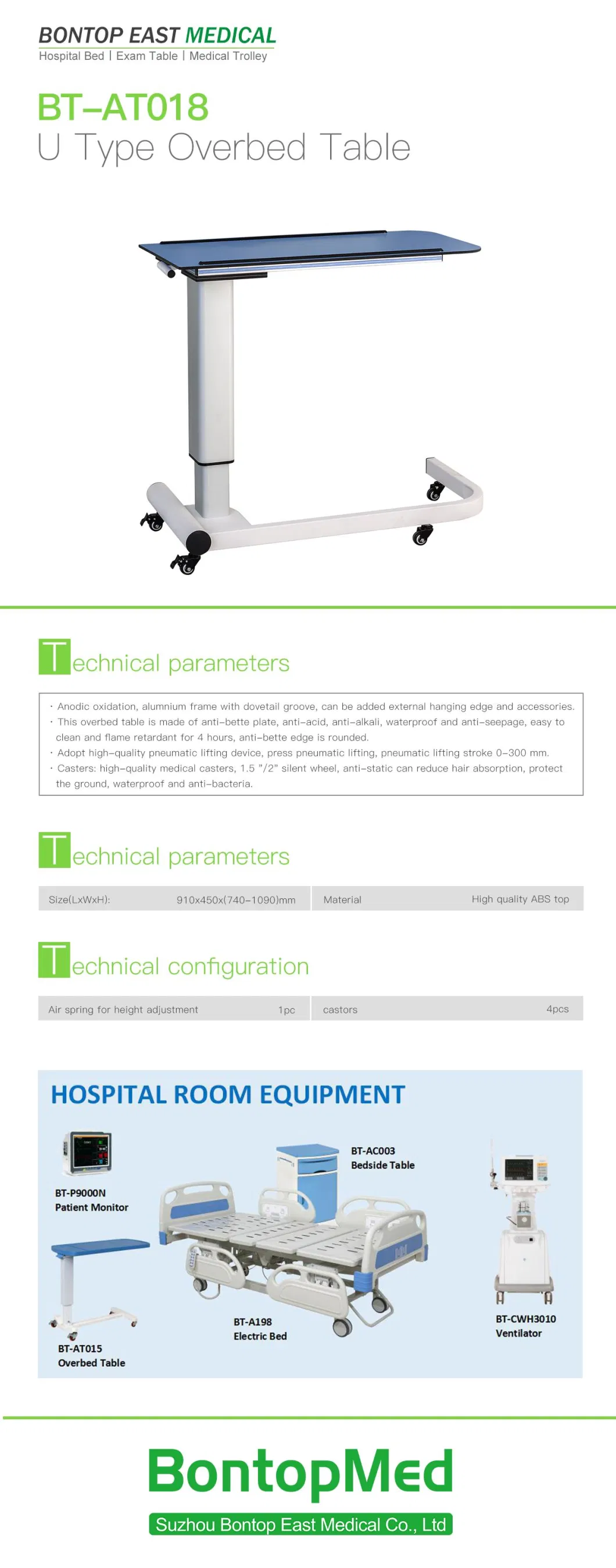 Hospital Medical Manufacturer Adjustable Height Nursing ABS Folding Patient Overbed Food Dining Table with Wheel