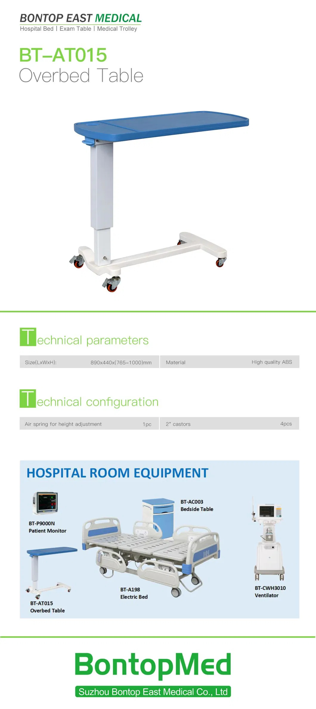 OEM Medical Equipment Movable Folding Patient Room ABS Overbed Tray Table and Hospital Bedside Table with H Type Powder Coated Steel Base and Mute Brake Wheels