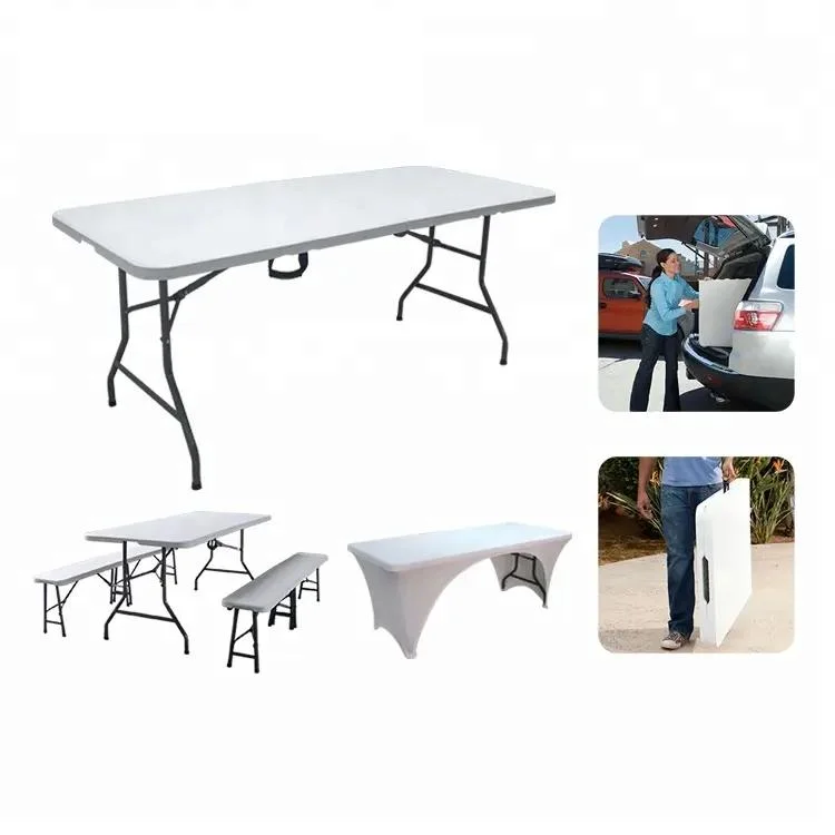 6FT 180cm Half Plastic HDPE Solid Steel Frame HDPE Table Top Party Dining Rental Plastic Folding Outdoor Table