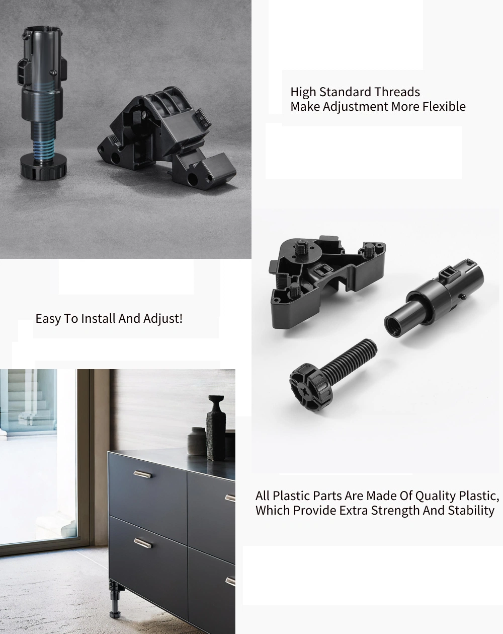 T268 Foldable Cabinet Feet in ABS Plastic Screw on 90-180mm Adjustable