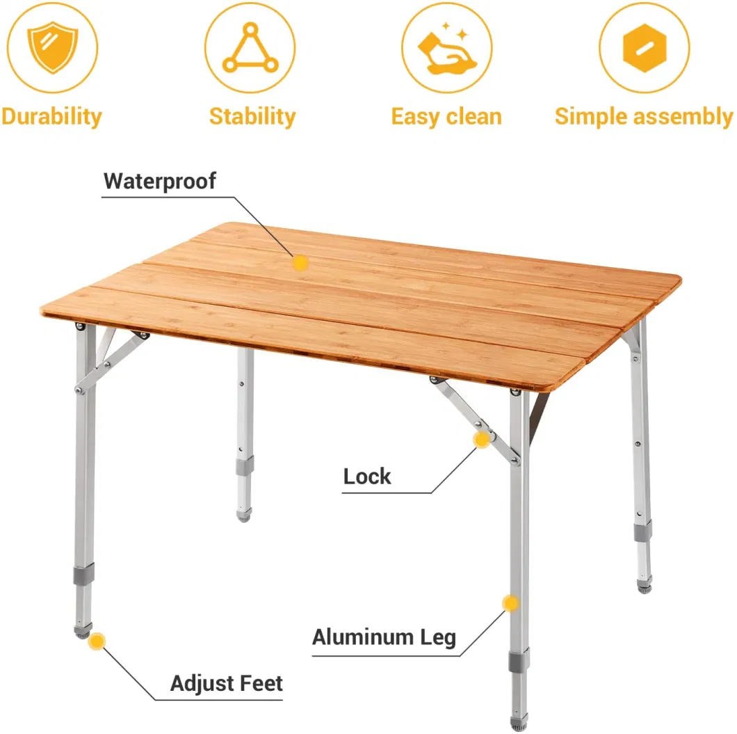 Bamboo Folding Camping Table Height Adjustable Lightweight Outdoor Folding Table Portable Foldable Camp Table with Carry Bag