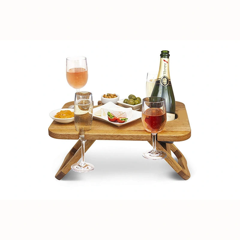 Modern Outdoor Food Serving Tray, Removeable Wine and Snack Holder, Portable Wooden Picnic Table Folding with Legs