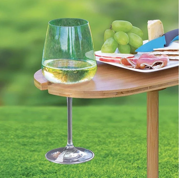 Outdoor in-Ground Picnic Portable Foldable Bamboo 2 Positions Wine Glasses Holder Snack Table Tray
