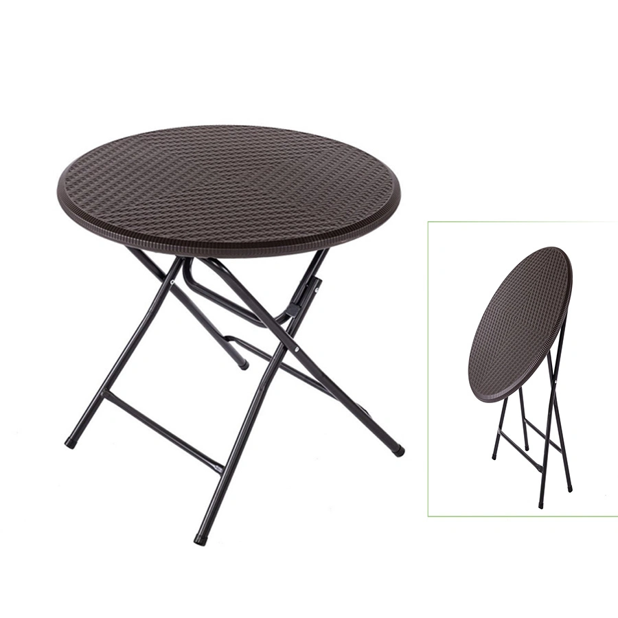 Dia 80 Cm Picnic Brown Plastic Rattan Round Foldable Coffee Table for Outdoor