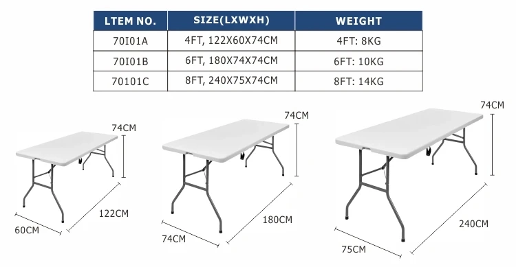 6FT 8FT White Outdoor Rectangular Garden Plastic Folding Table
