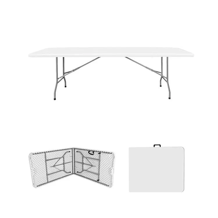 Easy Carrying 8FT Plastic Portable Folding Table for Outdoor BBQ White Fold-in-Half Table