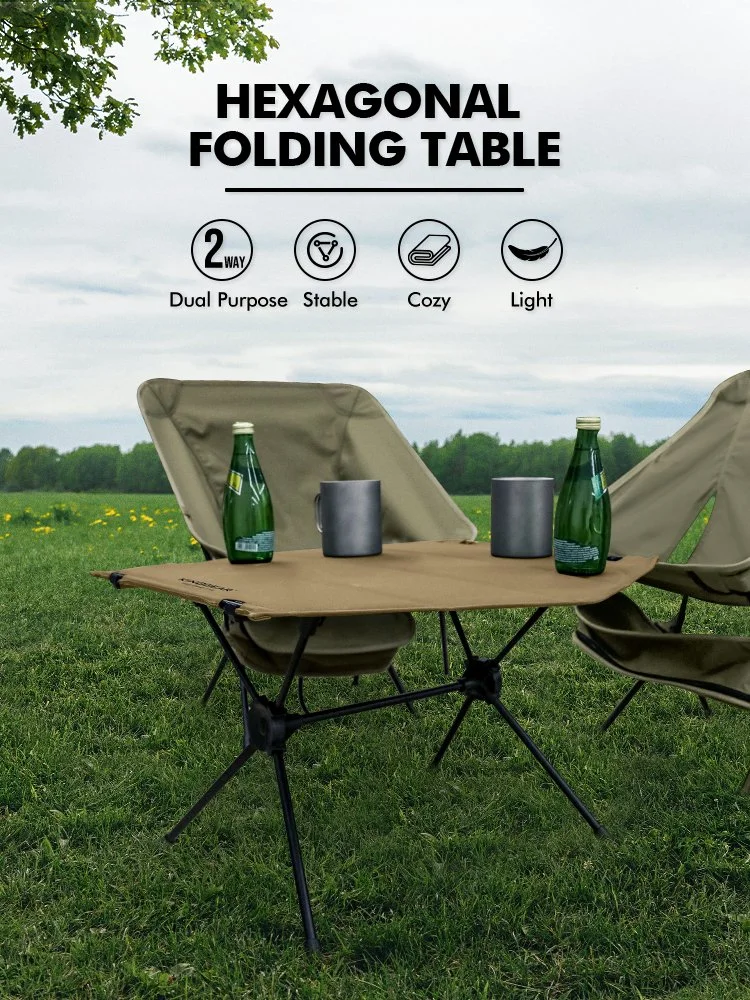Kinggear New Arrive Outdoor Glamping Portable Hexagon Camping Picnic Table Compact Aluminum Frame Camp Foldable Table