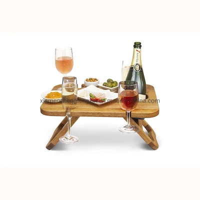 La moderna comida al aire libre que sirve en bandeja extraíble, el vino y aperitivos, titular de la mesa de picnic de madera portátil plegable con las piernas