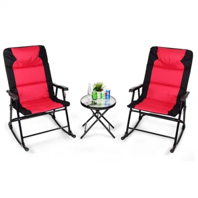  3 PCS Folding Bistro Set Patio exterior Sillas mecedoras Mesa redonda 2 Sillas mecedoras con Mesa de Café de vidrio para Patio, Patio, Terraza, patio trasero asiento acolchado