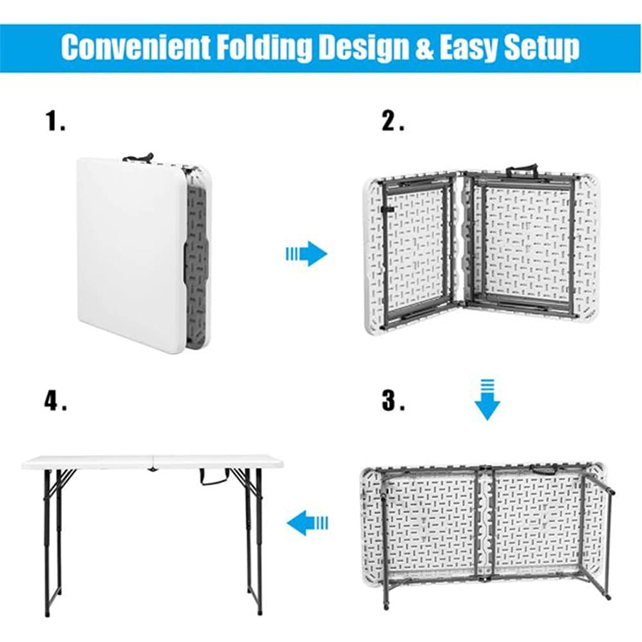 Outdoor Picnic 4FT Fold in Half Top Adjustable Height White Plastic Table