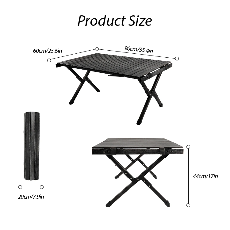 Kinggear Outdoor Camping Portable Wood Folding Egg Roll Table Custom Logo Black Picnic Table