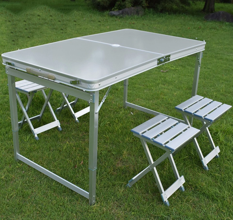 Aluminum Folding Picnic Table with 4 Benches 4 Person Adjustable Height Portable Camping Table and Chairs Set