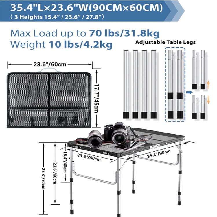 Adjustable Camping Table Lightweight Aluminum Folding Portable Metal Folding Outdoor Grill Table for Camping Cooking