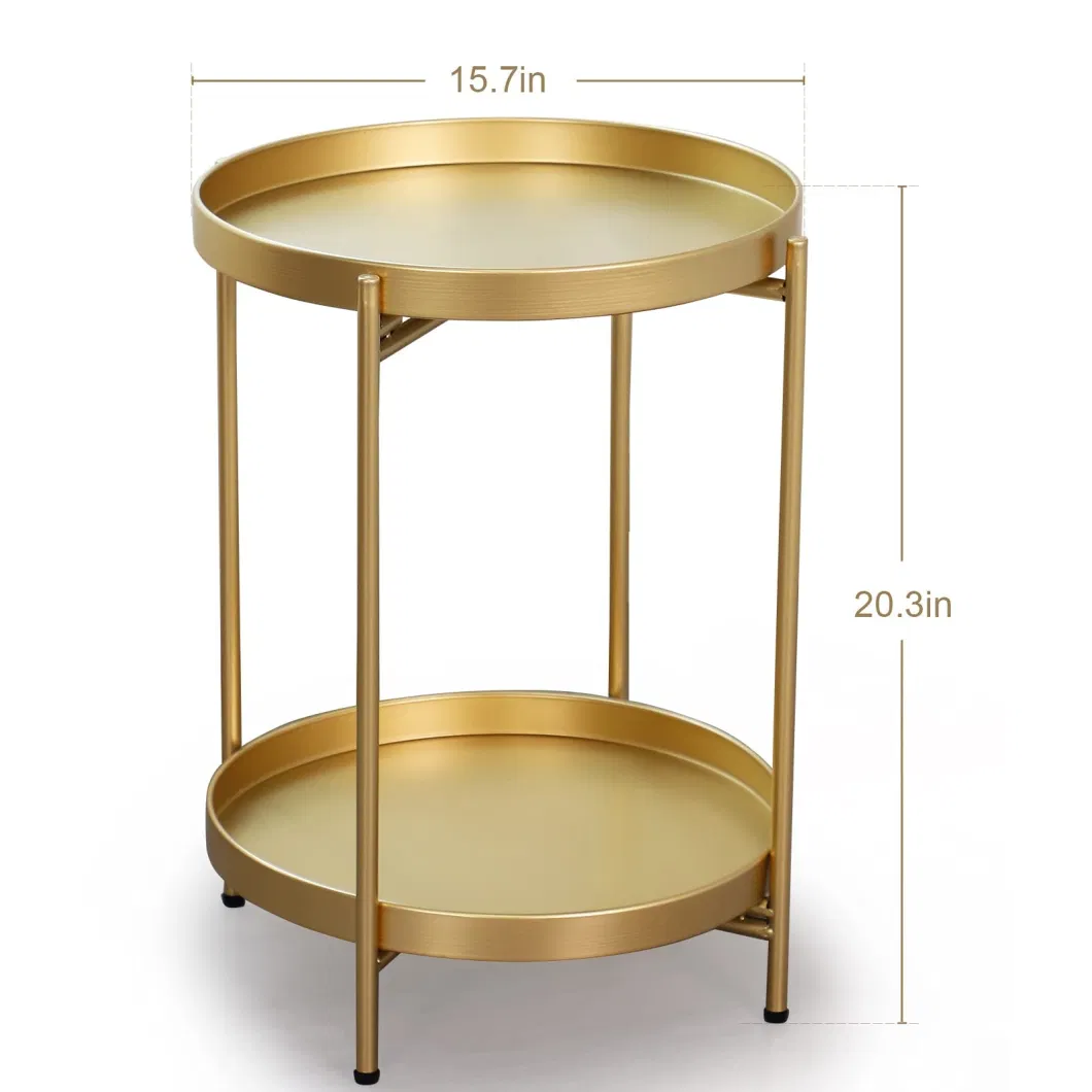 Folding End Table 2-Tier Metal Round Side Table