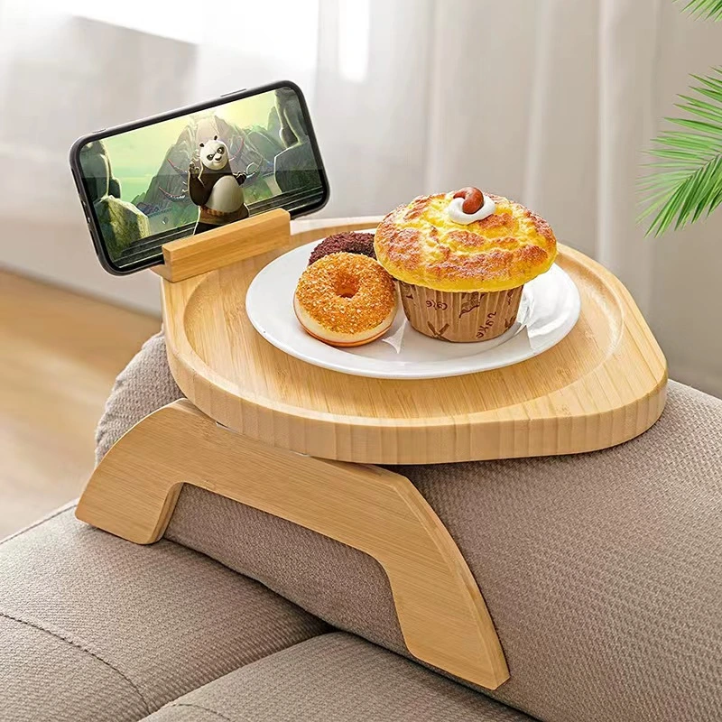 Bamboo Wood Sofa Armrest Foldable Couch Tray Clip on Side Table with Phone Holder