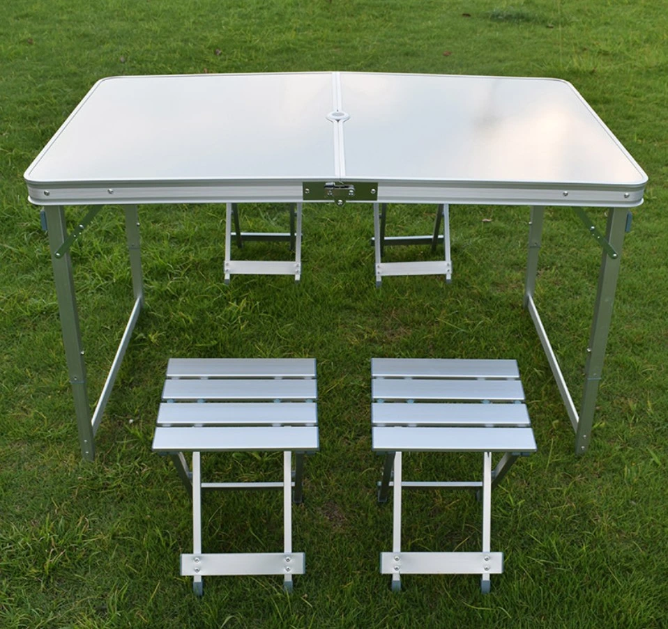 Aluminum Folding Picnic Table with 4 Benches 4 Person Adjustable Height Portable Camping Table and Chairs Set