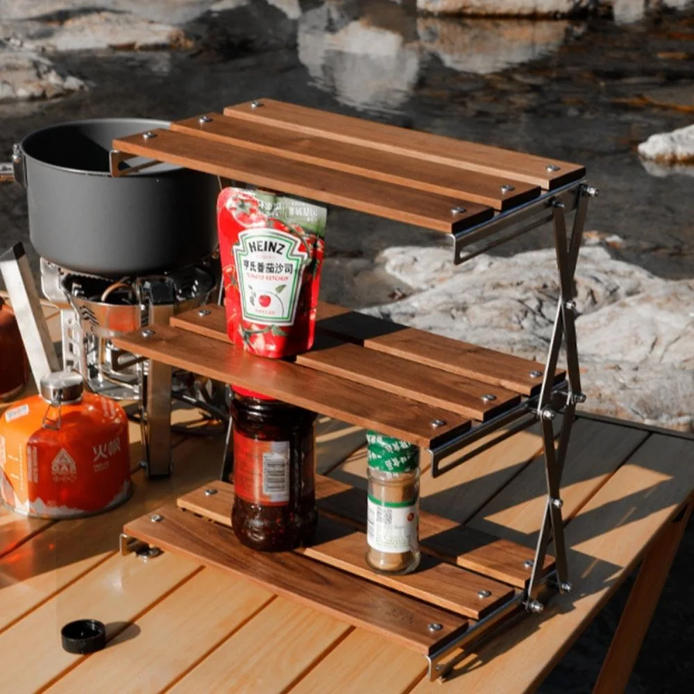 Camping Table Outdoor Portable Picnic Camping Desk 3 Layered Folding Wooden Table Rack Convenient Necessities for BBQ Grill Cooking Bl20037