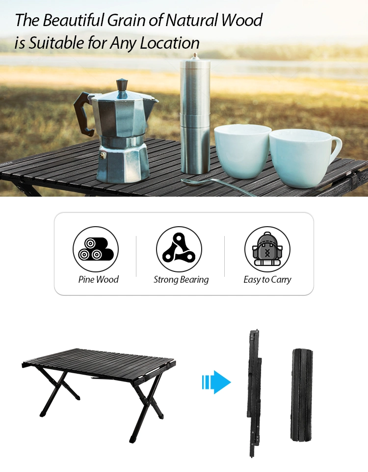 Kinggear Outdoor Camping Portable Wood Folding Egg Roll Table Custom Logo Black Picnic Table