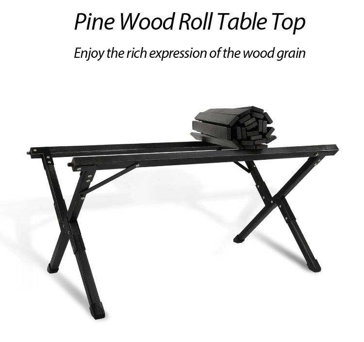 Kinggear Outdoor Camping Portable Wood Folding Egg Roll Table Custom Logo Black Picnic Table