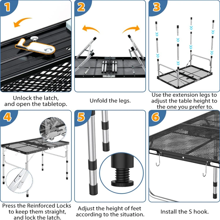 Adjustable Camping Table Lightweight Aluminum Folding Portable Metal Folding Outdoor Grill Table for Camping Cooking