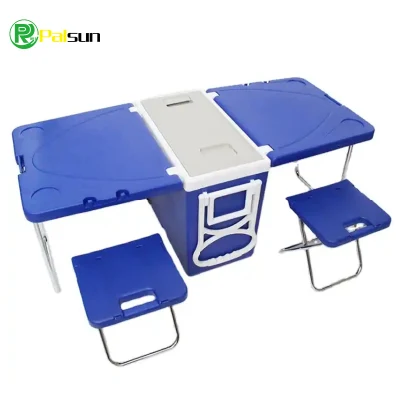  Alta qualità Outdoor pieghevole nuovo Design tavolo portatile Camping Travel Scatola refrigeratore con ruote scatola refrigeratore in plastica con tavolo