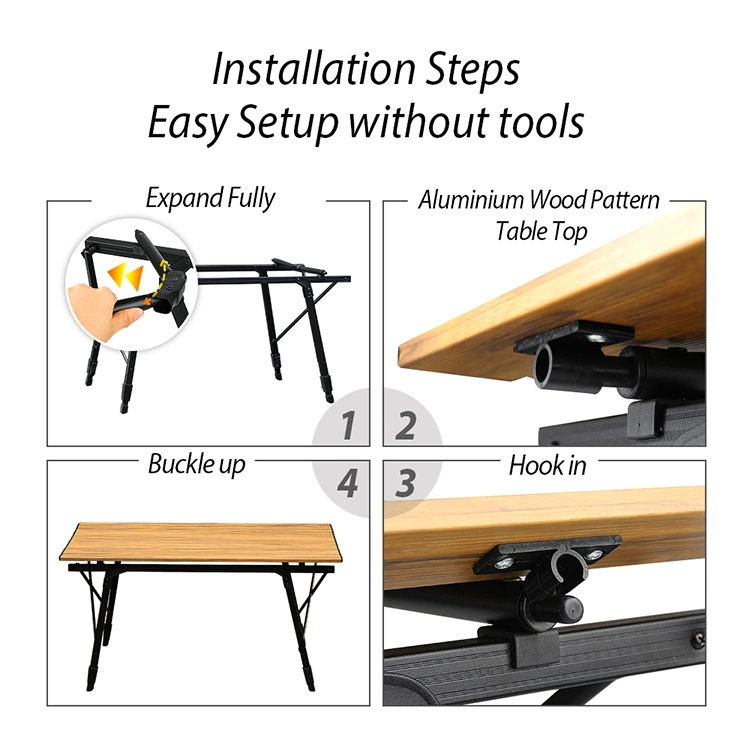 Outdoor Aluminum Wood Roll Table Top Height Adjustable Folding Camping Portable Table Ajustable Picnic High Camping Table