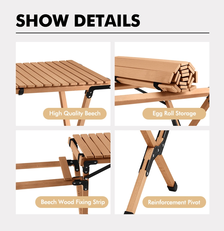 Kinggear Outdoor Portable Beech Folding Wood Kitchen Table for Picnic Camping