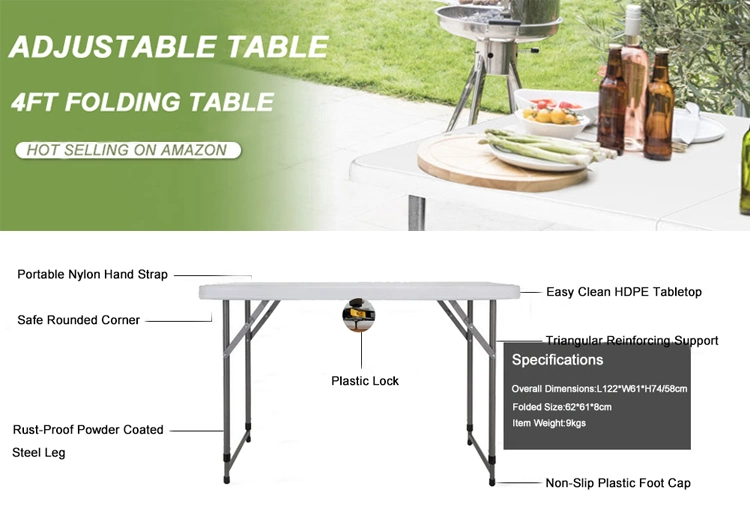 Multipurpose Plastic 4FT Rectangle Portable Black Fold-in-Half Folding Table with Design