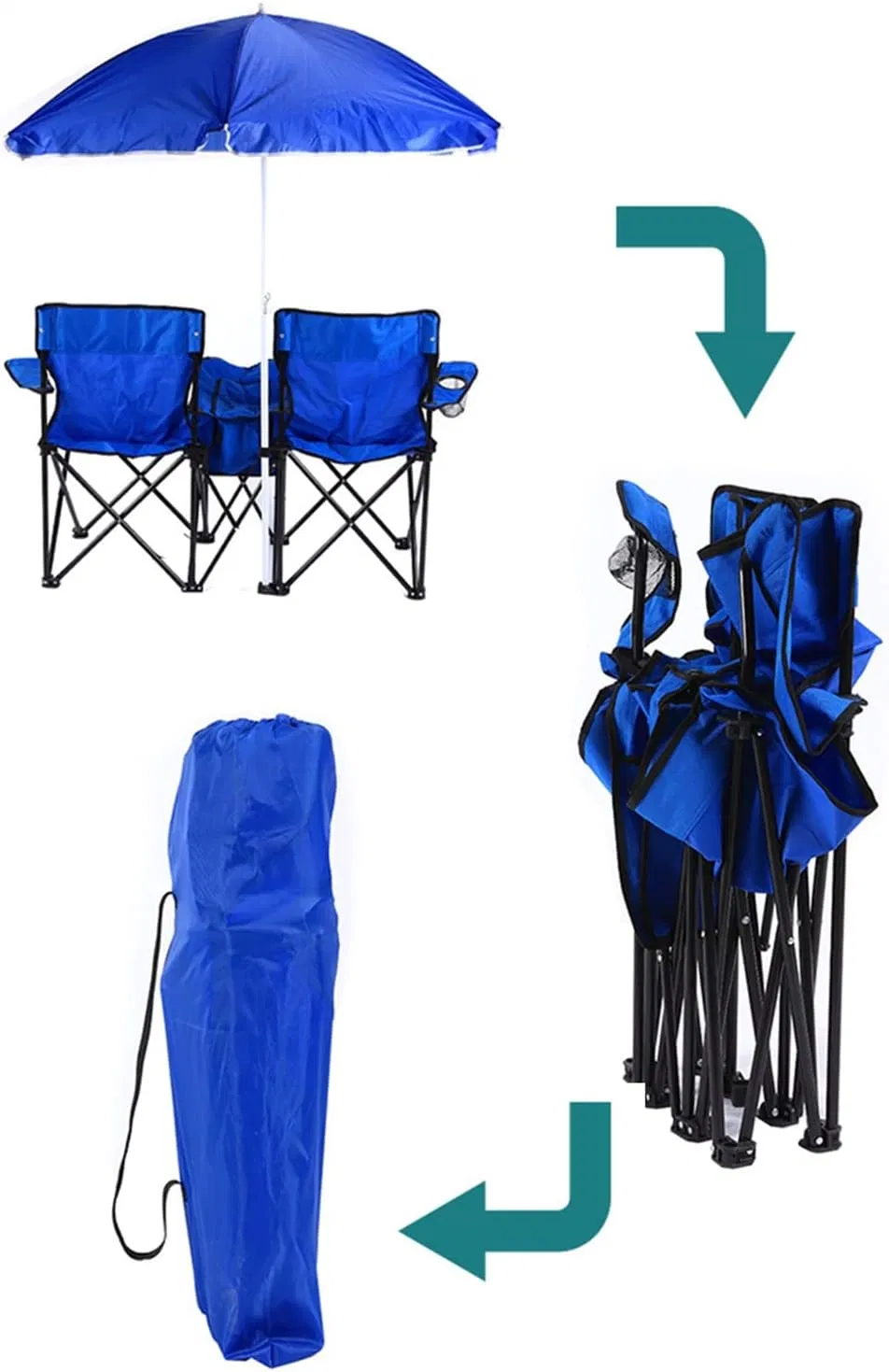 Portable Foldable Double Camping Beach Chair with Umbrella and Table Cooler Bag