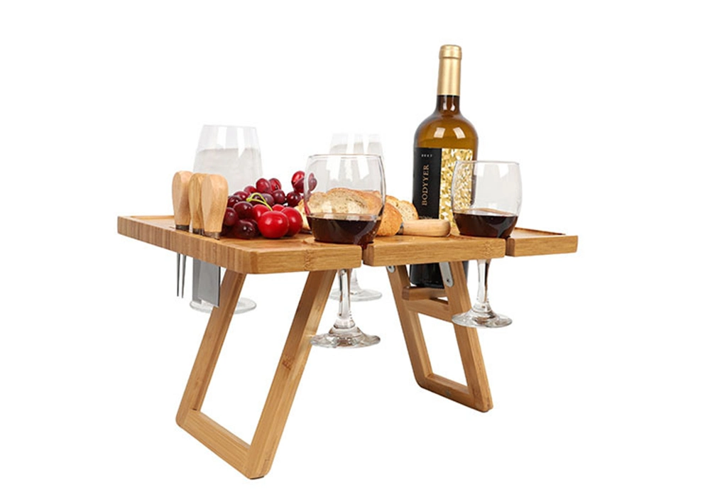 Aveco 23cm Height Rectangular Bamboo Portable Wine Picnic Table Outdoor with Stainless Steel Knives Set