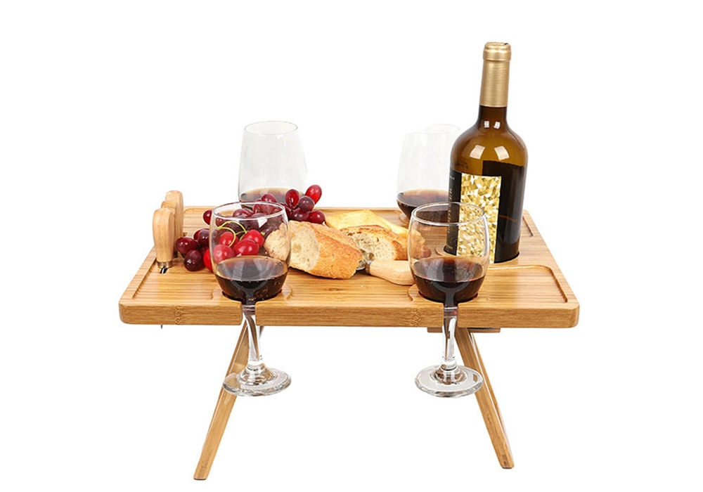 Aveco 23cm Height Rectangular Bamboo Portable Wine Picnic Table Outdoor with Stainless Steel Knives Set