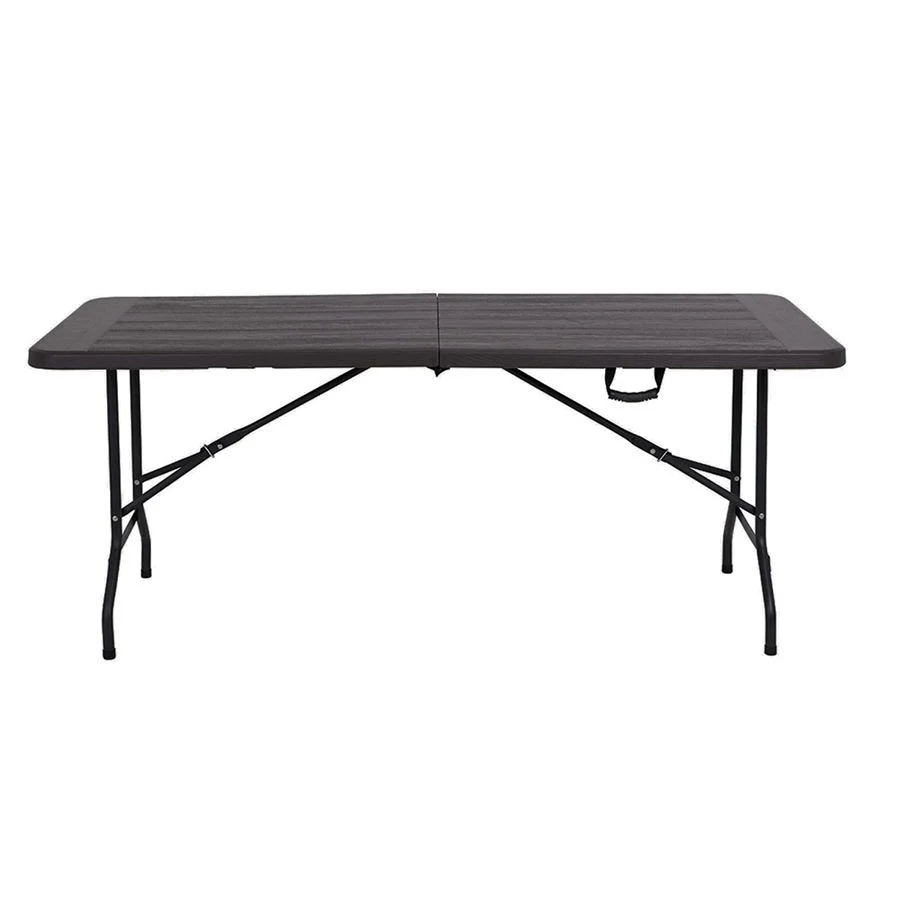 Banquet Event 6 Foot Portable Bi-Fold Wood Grain Rectangle Plastic Black Folding Table for Party