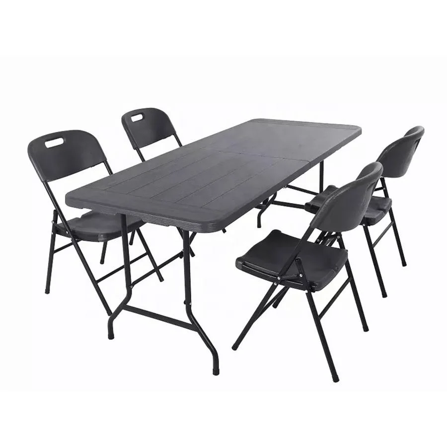 Banquet Event 6 Foot Portable Bi-Fold Wood Grain Rectangle Plastic Black Folding Table for Party