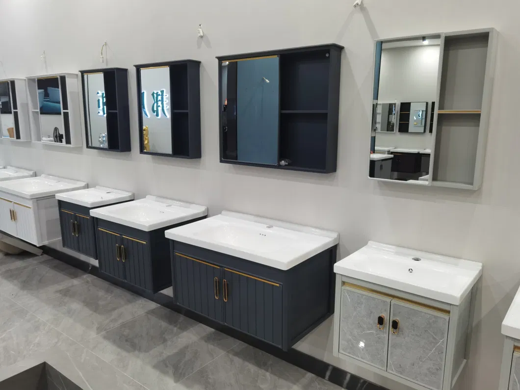 Durable Blue Bathroom Cabinet with Mirror White Ceramic Basin Sink Aluminum Cabinet Makeup Vanities Wall Hung Bathroom Vanity