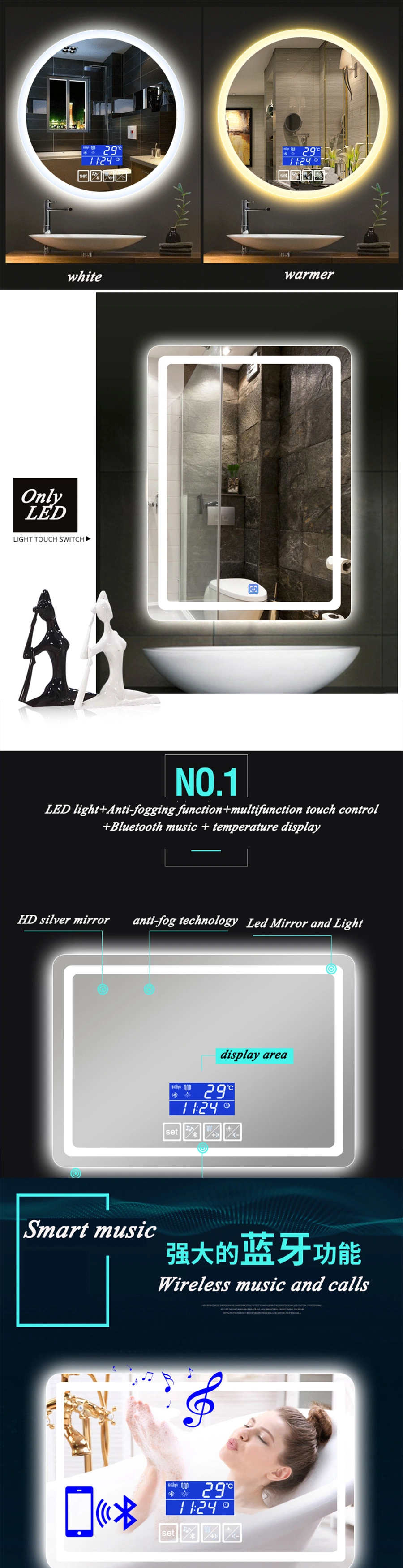 Defogger Lighted Bluetooth Digital Clock LED Bathroom Smart Mirror (Bg-010)