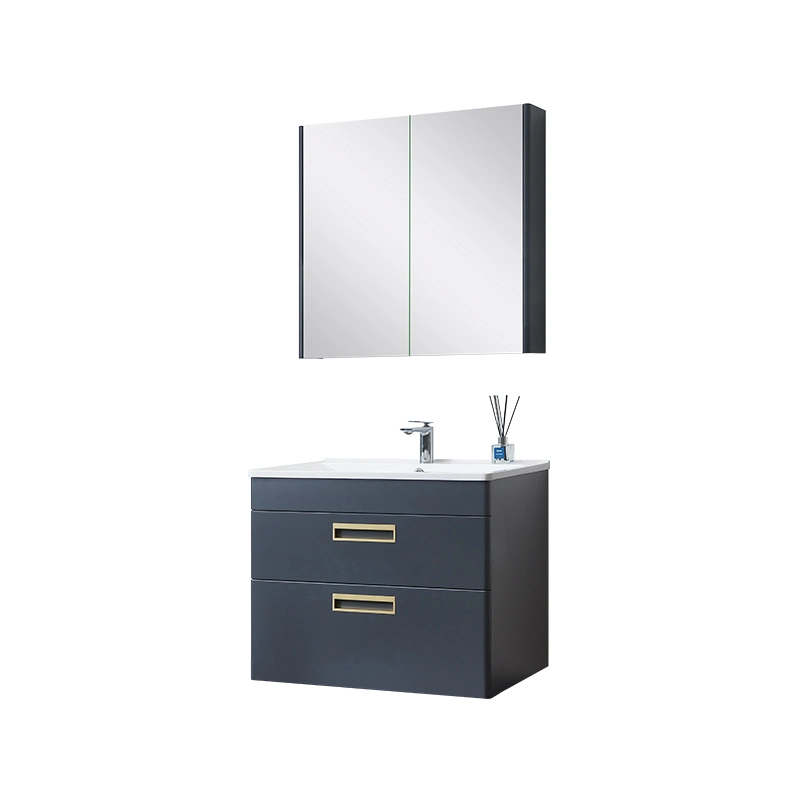 Plywood Melamine Cabinet Bathroom Wall Mounted Vanity Mirror Storage Medicine Cabinet with Golden Stylish Handle Artificial Marble Basin