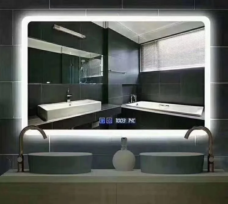 Clock Temperature Defogging Touch Sensor Switch Villa Hotel Bathroom Smart Rectangle Bathroom LED Lighted Backlit Mirror