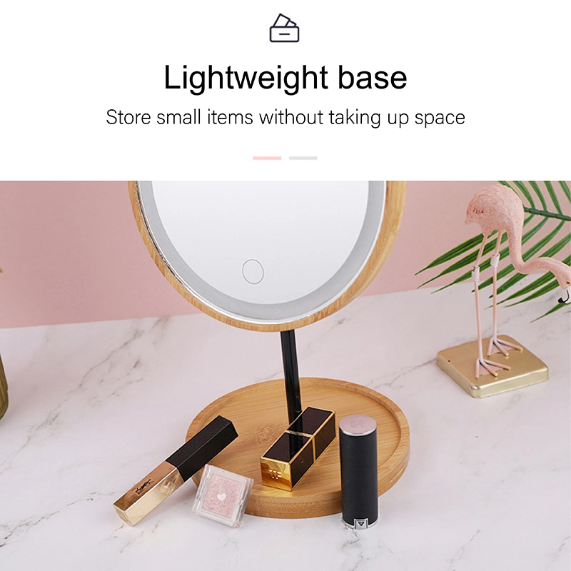 Bamboo Lighted Makeup Mirror with Lights and Storage Desk Mirror Touch Screen Adjustable Lighting Cosmetic Mirror