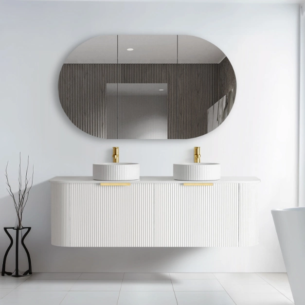 Modern Luxury Fluted Curved Double Sink Floating Cabinet Wall Mount Bathroom Vanity with Sink