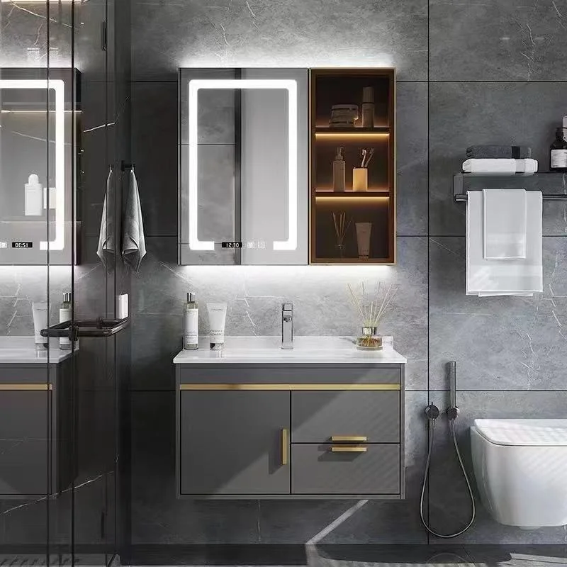 Rock Plate Bathroom Vanity Light Luxury Modern Simple Bathroom Furniture with LED Medicine Cabinet