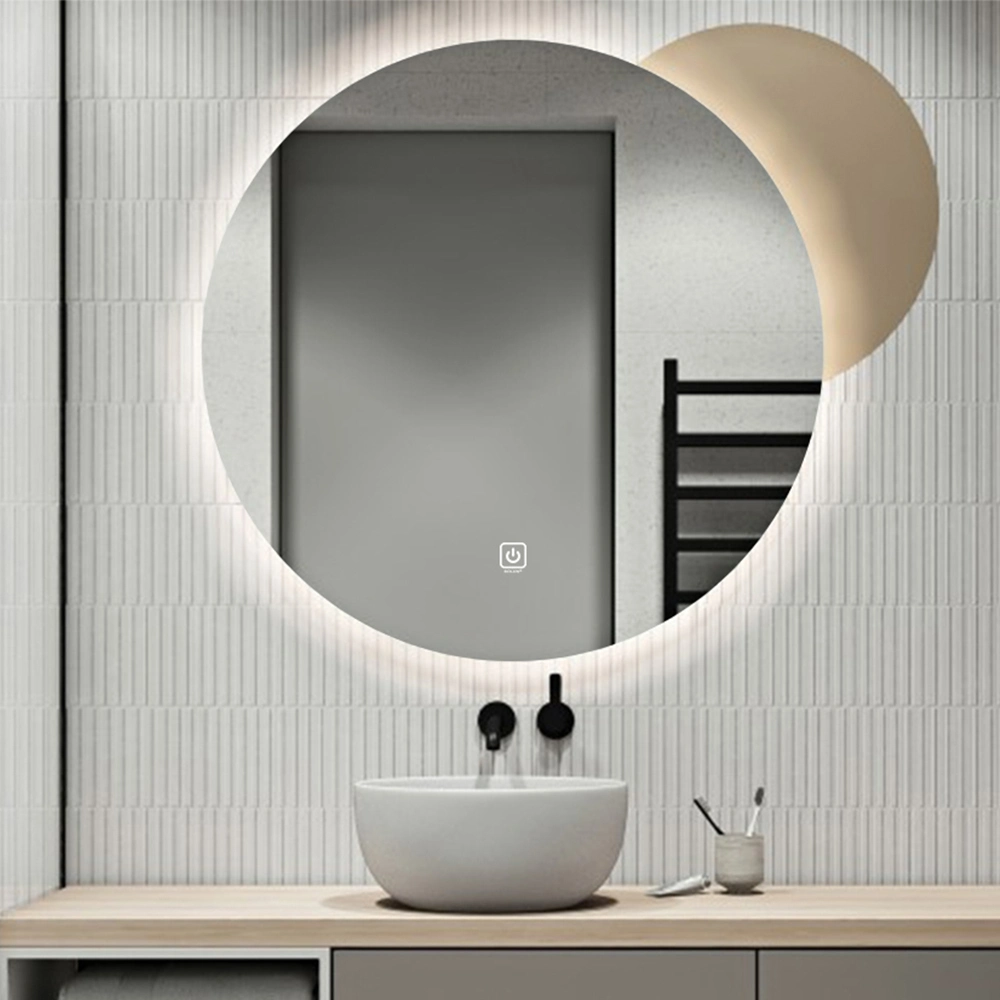 Anti-Fog Round LED Bathroom Mirror Hotel Backlit Frameless LED Light Mirror Digital Clock