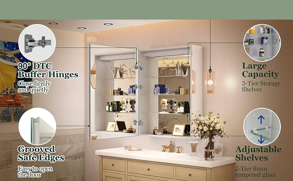 LED Medicne Cabinet Mirror with Storage and Lights, Dimmer, Defogger, 3 Color Temperature, 2 Outlets &amp; Usbs, 3 Shelves Capacity, Bathroom Cabinet Wall Mounted
